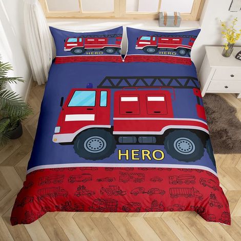 Housse de Couette 140x200 Enfant Camion de Pompiers, Parure de Lit Enfant Ado Garçon Voiture de Pompier Rouge, Sets de Housses de Couettes Véhicule de Construction, Couvre Lit Bleu (1/5)
