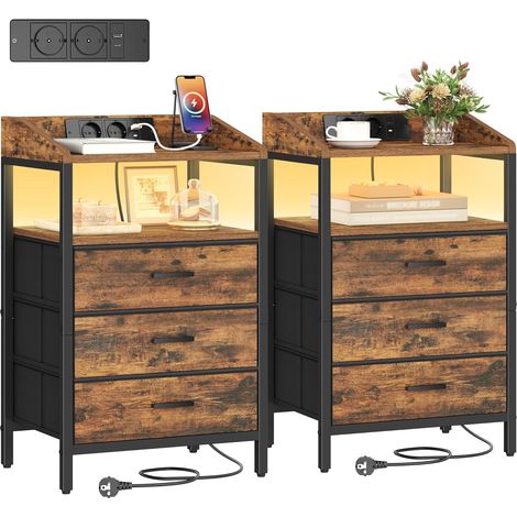 Comodini Set di 2 con Luci LED e Stazione di Ricarica, Tavolino con Porte USB e Prese di Corrente, Comodini con Ripiano Aperto per Camera da Letto, Soggiorno, Marrone Vintage e Nero (1/5)
