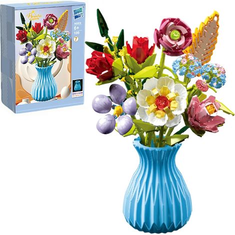 Set di bouquet di fiori coordinati, set di fiori con vaso e rosa, peonia, magnolia per adulti e ragazzi, 691 pezzi, 8 tipi di fiori, collezione botanica per la Festa della Mamma.