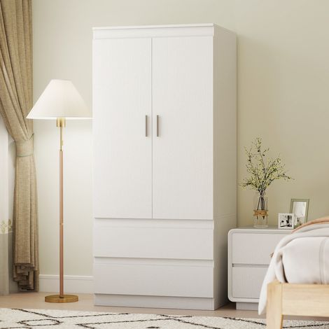 Armoire de chambre à coucher avec 2 portes, 2 tiroirs, 3 compartiments, en bois, blanche (1/5)