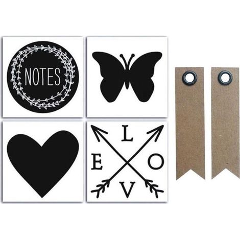 4 stickers ardoise Lovely Flowers 10 x 10 cm + 20 étiquettes kraft Fanion