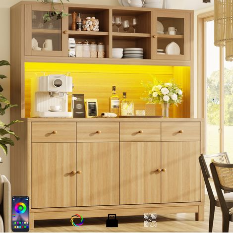 Aparador alto con LED RGB, puertas vitradas, 4 cajones, baldas regulables OKMYHOME (1/5)