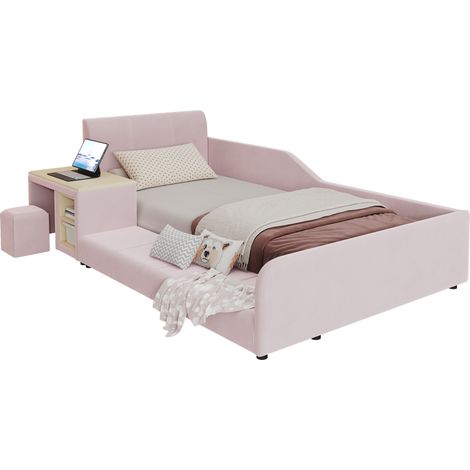 Letto singolo imbottito per bambini 90x200 cm con scrivania, sgabello e mensola, testiera morbida in velluto rosa, rete a doghe in legno, CHICFURN (1/5)