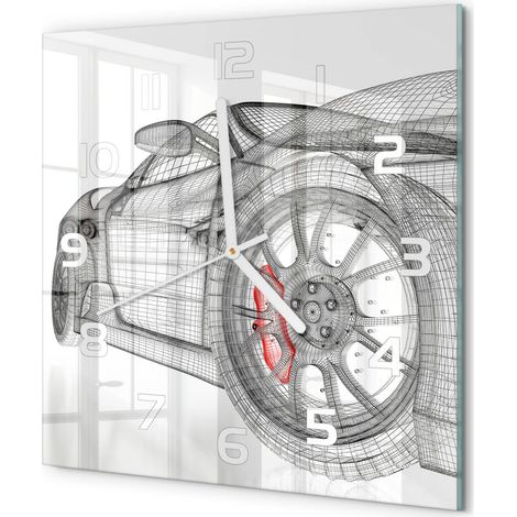 Horloge Murale Carrée Bureau en Verre Trempé Silencieuse Design Contemporain Calandre de voiture 30x30 cm (1/5)