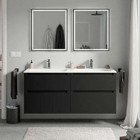 Unterschrank Bernstein VIREO 140cm mit Mineralguss Waschbecken CREAM Badmöbel: Schwarz matt, Waschbecken: Weiß matt mit Hahnloch