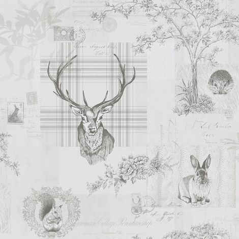 Stag Wallpaper Grey Charcoal Woodland Animal Print Rustic Rabbit Trees Flowers (1/2)