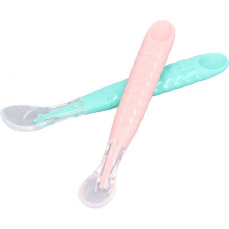Lot de 2 cuillères pour bébé en silicone à deux dents, portables et faciles à tenir, idéales pour la première étape de l'alimentation du nourrisson. (1/5)
