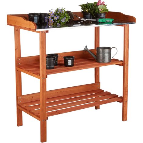 Table de préparation pour semis en Bois avec Plan de Travail en métal 3 étages Potager Serre HxlxP: 87,5 x 91,8 x 41,5 cm, Orange (1/5)