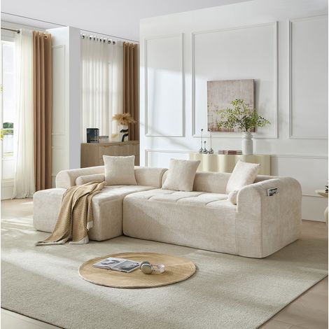 Canapé d’angle beige en chenille, 263 cm, structure à ressorts et mousse haute densité (1/5)
