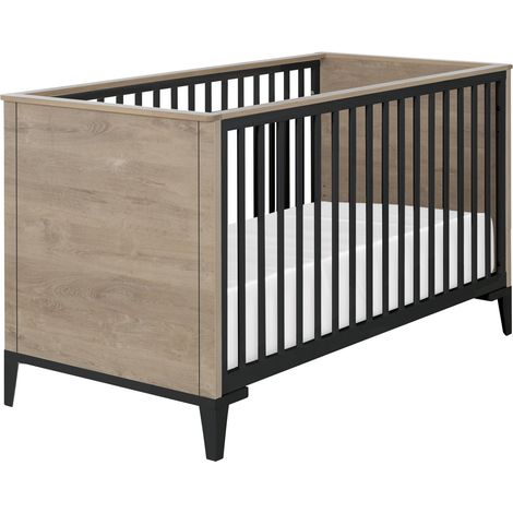 Lit évolutif bébé 70 x 140 cm – Chêne blond et noir – Sommier en hêtre massif réglable – Transformation facile en lit enfant – Galipette