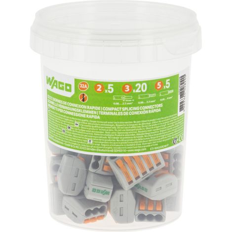 Wago – Pot de 30 bornes de connexion automatique 2,3 et 5 entrées – Pour fils souples et rigides jusqu'à 4mm² – Raccordement sans outil jusqu'à 32A