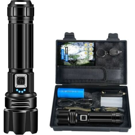 Lampe torche LED ultra-lumineuse, 3000 lumens, rechargeable, étanche IPX4, lampe torche tactique avec LED P70, 5 modes, zoomable, pour le camping, la randonnée et les situations d'urgence (pile non in (1/4)