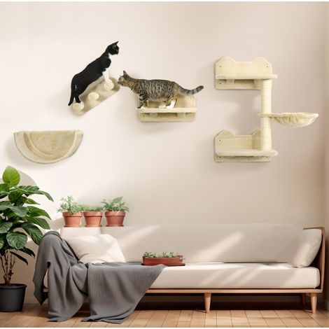 Árbol rascador de pared de 4 piezas con plataforma, escalera y nicho semicircular, beige DESVIAE (1/5)