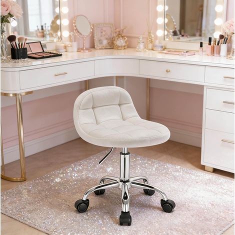 Sedia da ufficio 38x31x56.5-68 cm bianco crema in velluto e metallo con altezza regolabile e ruote girevoli (1/5)