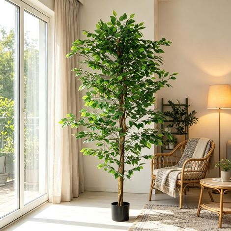 Ficus artificiel de 1,80 m de haut, avec tronc, vrilles, lichens et feuilles, très réaliste, pot inclus (uniquement avec la plante artificielle). (1/5)