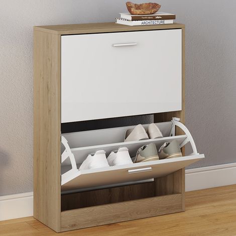 Mueble zapatero KLARK imitación haya, 2 puertas blancas (1/5)