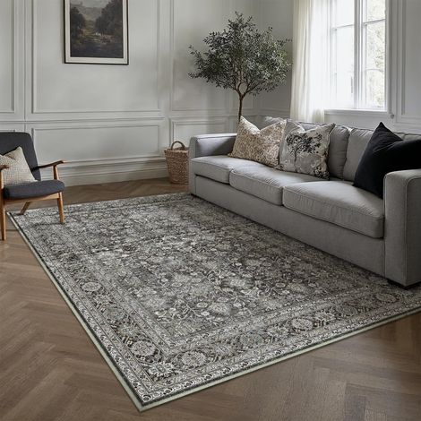 Noir Vintage Tapis Salon 140x200cm Rug Lavable en Machine Grand Antidérapant Rugs,Chambre Adulte Enfant,Carpets Salle a Manger,Bureau,Cuisine,Interieur Doux Poil Ras Carpet (1/5)