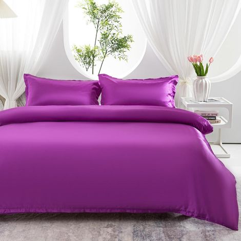 Satin Bettwäsche 155x220cm Lila Kühlend mit Reißverschluss und 80x80cm Kissenbezug