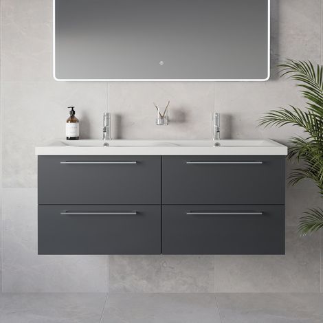 Napoli 390 Gloss Grey 1200mm Wall Mounted 4 Drawer Vanity Unit with Double Glide Basins - 1200mm - Chrome 320mm Handle