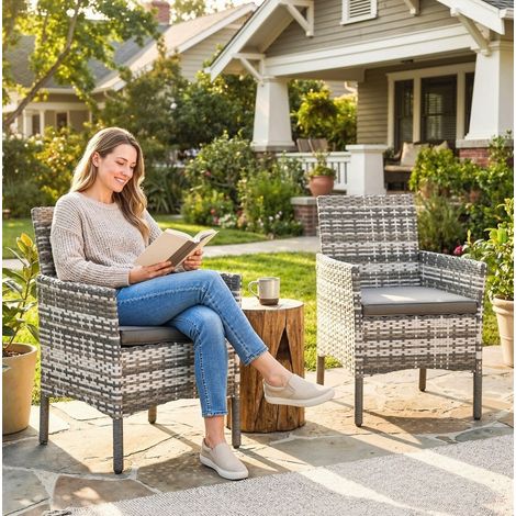Sedia da giardino in polyrattan grigio con braccioli e cuscino, set da 2 (1/4)