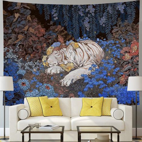 Tapis mural Boho Mandala Tigre Blanc 200x150cm, Tenture ethnique pour Décoration Nature, Couvre-lit Léger pour Salon, Chambre, Dorm, Décor de Maison (1/3)