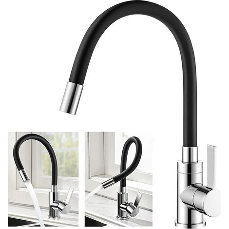 Flexible Kitchen Faucet Freely Swivel High Spout Flexible Sink Mixer Chrome and Black Brass Single Hole Sink Faucet for Hot and Cold Water (1/5)