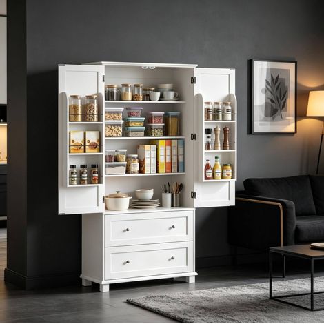 Küchenschrank Buffetschrank hoch, 2 Türen, 2 Schubladen, verstellbare Regale, weiß OKMYHOME (1/5)