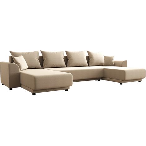 Vente-Unique – Canapé d'angle panoramique convertible 5 places en tissu beige – Coffre de rangement – Mousse haute résilience – Fabrication éco-responsable (1/5)