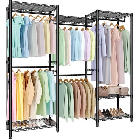 Portant à vêtements robuste – Charge max 1870 lbs – Armoire autoportante noire – 4 barres & étagères réglables – Rangement modulable chambre/dressing – 3 combinaisons (3x1x2 niveaux) (1/5)