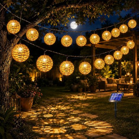 Guirlande lumineuse solaire à 10 LED pour extérieur, boule en rotin, lampe solaire pour balcon, jardin, extérieur (1/5)