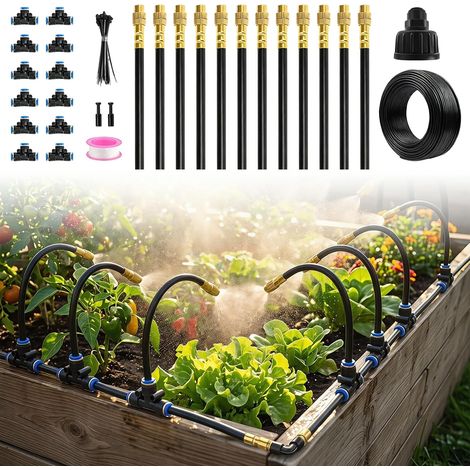 Kit Goutte à Goutte Irrigation Jardin Système d’Arrosage Automatique 360°, 15m Tuyau et Brumisateur, 12 Buses Laiton Orientables, Installation Rapide, pour Potager, Balcon, Serre, Intérieur (1/5)