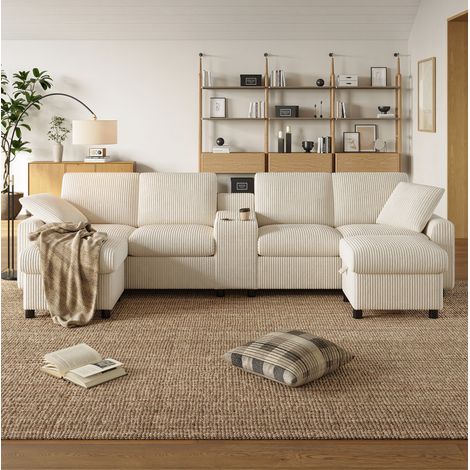 Sofá en U de pana beige con 2 pufs, USB, enchufes y puertos Type-C HAVRYA (1/5)