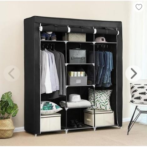 Aqrau Armoire de Rangement Garde-Robe, Penderie de vêtement Pliable en Tissu Non-tissé, avec Compartiments et Tringles, 3 Portes, Noir 175 x 150 x 45cm (1/5)