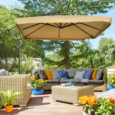 Sombrilla de Jardín Excéntrica 296x296x265 cm con Manivela Mosquitera y Base Cruzada para Terraza Patio Color Beige (1/5)