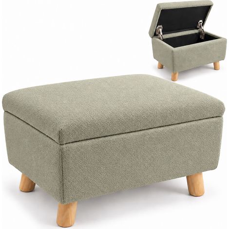 Relaxdays Fußhocker mit Stauraum, gepolstert, HxBxT: 28x40x30 cm, Boucle-Optik, Holzbeine, eckiger Sitzhocker, salbei (1/5)
