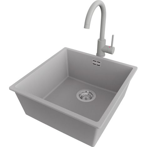 PRIMAGRAN Evier Cuisine en Granit 46x47cm,Lavabo 1 bac + Robinet 32x20cm + Kit de Vidage, Évier à Encastrer au meuble 50cm - London Slim, Gris (1/5)