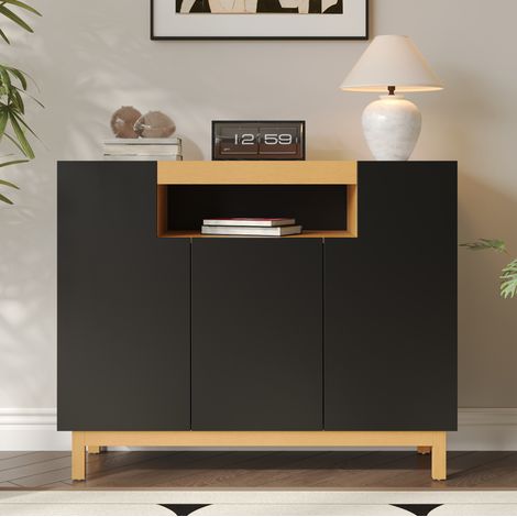 Aparador 120.5x42x96 cm negro y efecto madera en tablero de partículas con 3 puertas y estante abierto (1/5)
