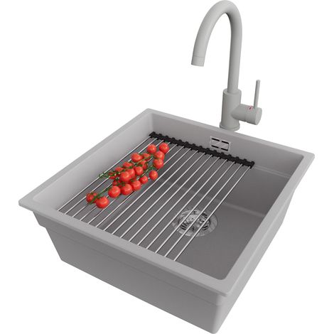 PRIMAGRAN Evier Cuisine en Granit 46x47cm, Lavabo 1 bac + Robinet 32x20cm + Kit de Vidage + Accessoire, Évier à Encastrer au meuble 50cm - Prague Slim, Gris (1/5)