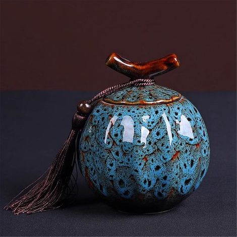 Boîte à thé en céramique – Bleue – 12,3 x 10,8 x 10,8 cm – Couvercle hermétique – Vintage (1/5)