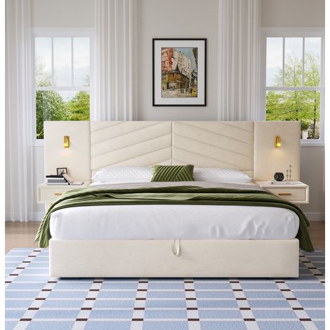 Cama king moderna de terciopelo Beige White 266x205 cm con cabecero alas, arcón elevable y 2 mesitas