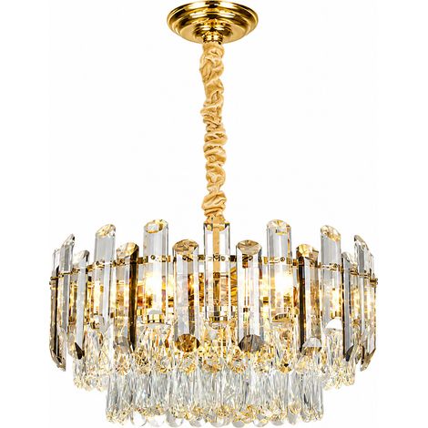 Luxe lustre en cristal ronde, suspension LED dorée avec 3 couleurs de lumière, plafonnier élégant pour salon