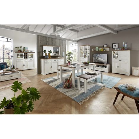 Komplett Möbelset 11-tlg. JÜLICH-36 Landhausstil in Pinie weiß und Artisan Eiche Nb., Wohnwand B/H/T: 359/204/51cm (1/5)