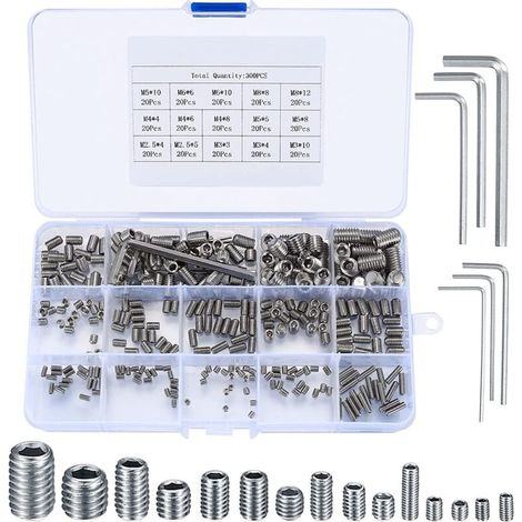 300 Pièces Vis Sans Tête Hexagonale, M2.5/M3/M4/M5/M6/M8 Vis Filetée Internes, Assortiment Kit de Fixations Vis Pointeau pour Poignées de Porte, avec Clé Allen - Argent (1/5)