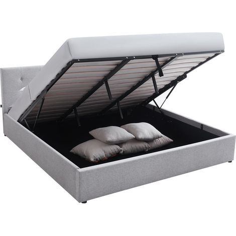 Lit coffre adulte 180x200 cm avec tête de lit matelassée en tissu gris et sommier - Tina (1/5)
