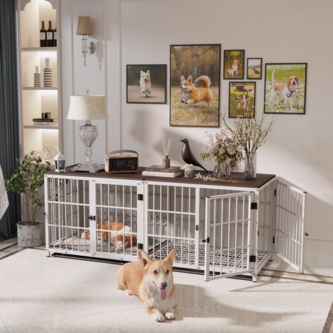 BingoPaw Heavy Duty Dog Kennel Wooden Dog Crate Puppy Cage End Table with Lockable Door, White Medium 78.5 x 56.5 x 65cm