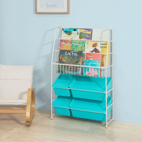 SoBuy Scaffale bianco portagiochi Libreria bambini 4 scatole in blu con coperchio KMB07-B (1/5)