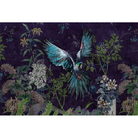 Papier peint panoramique à motif fleuri et oiseau Tapisserie panoramique tendance colorée Papier peint panoramique bleu foncé pour chambre (1/2)