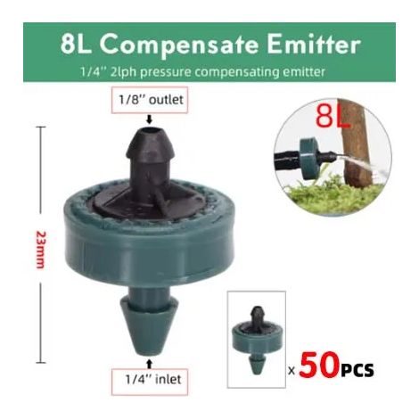 (8 L, 50 pièces) Goutteur d'irrigation goutte à goutte à compensation automatique pour pelouse, à débit stable et à pression stable. Durable, compact et flexible. (1/4)
