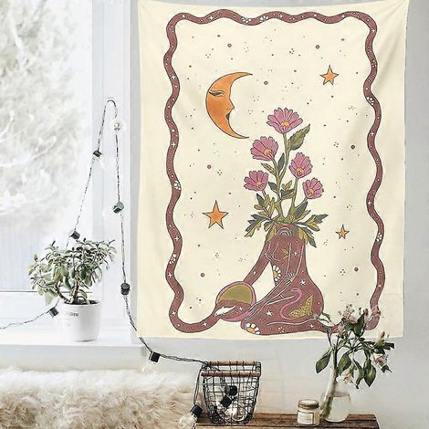 Tapisserie Tarot Astrologie Divination Sorcellerie Déesse Soleil et Lune Étoile Décoration Murale Plante Fleur Tapisserie (1/2)