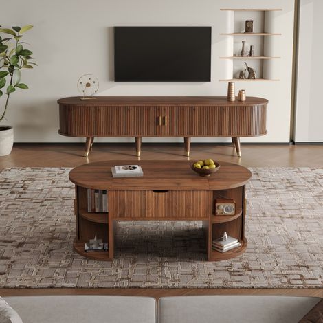 Conjunto de salón, mesa de centro 100x50x40.5 cm y mueble TV 175x38x44.7 cm, puertas correderas, MDF nogal (1/5)